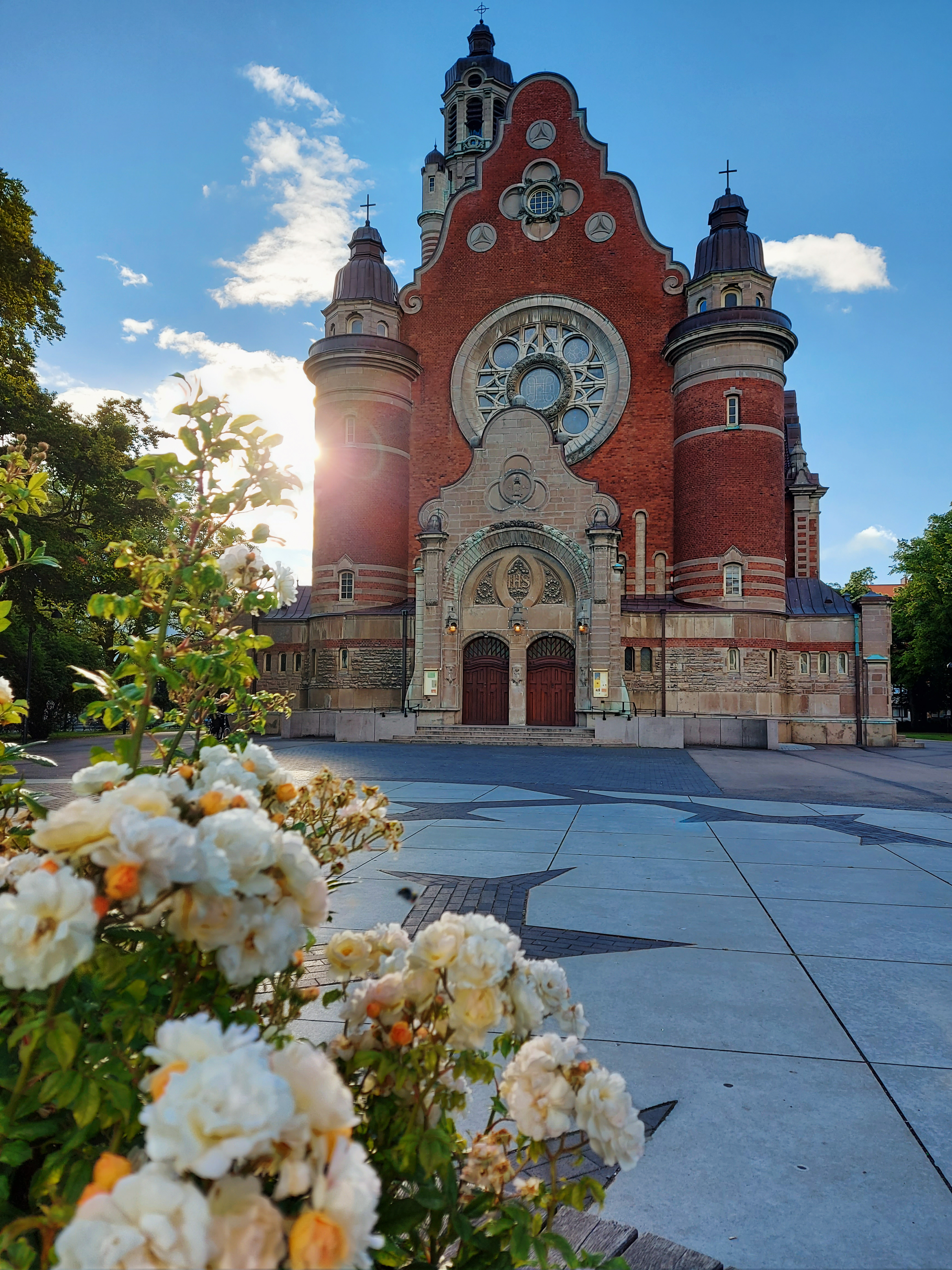 Röd tegelkyrka tidig sommarmorgon. Solen på väg upp bakom kyrkan och en  gulvit rosbuske i förgrunden.
