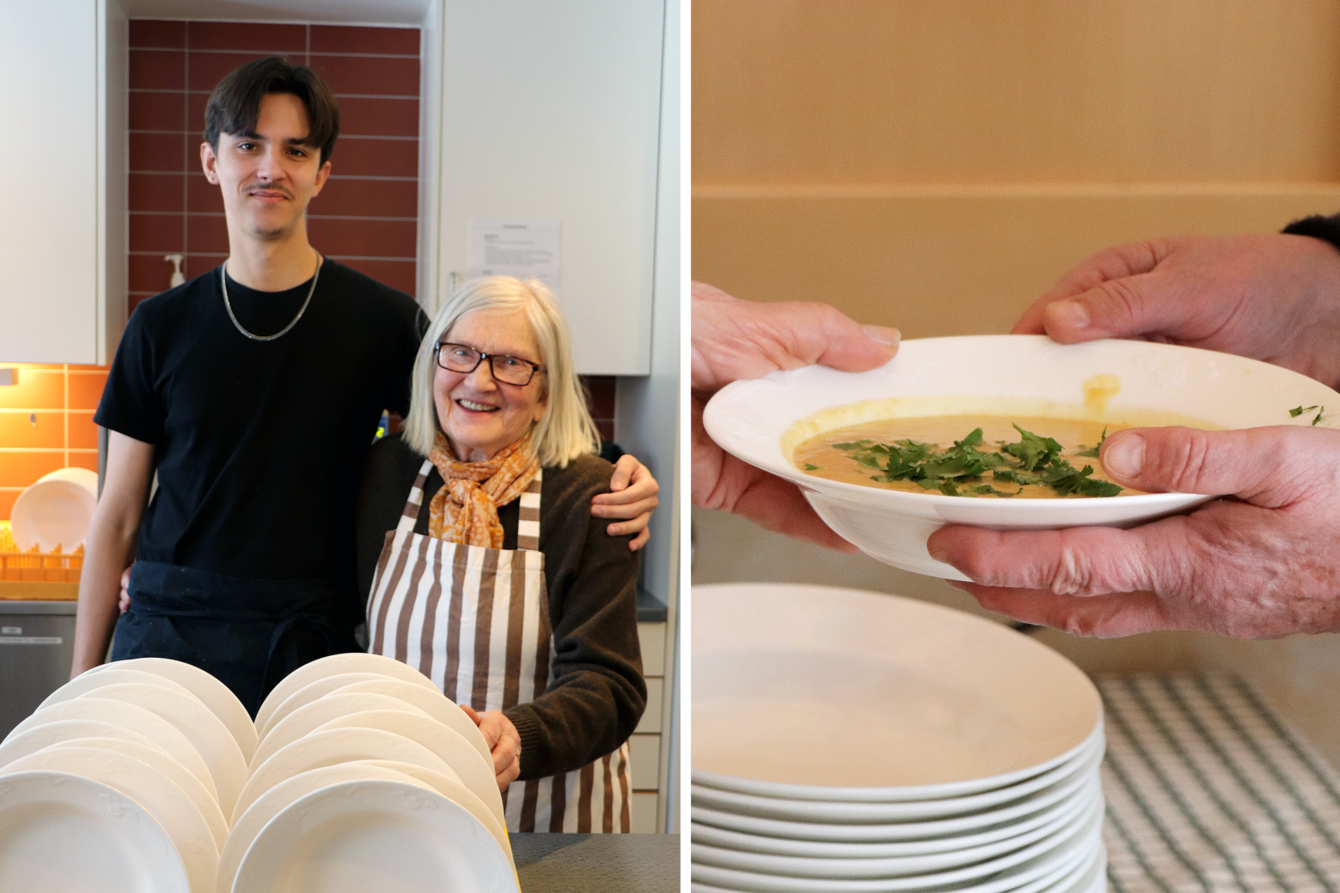 Två personer håller om varandra i ett kök. Händer håller en tallrik soppa.