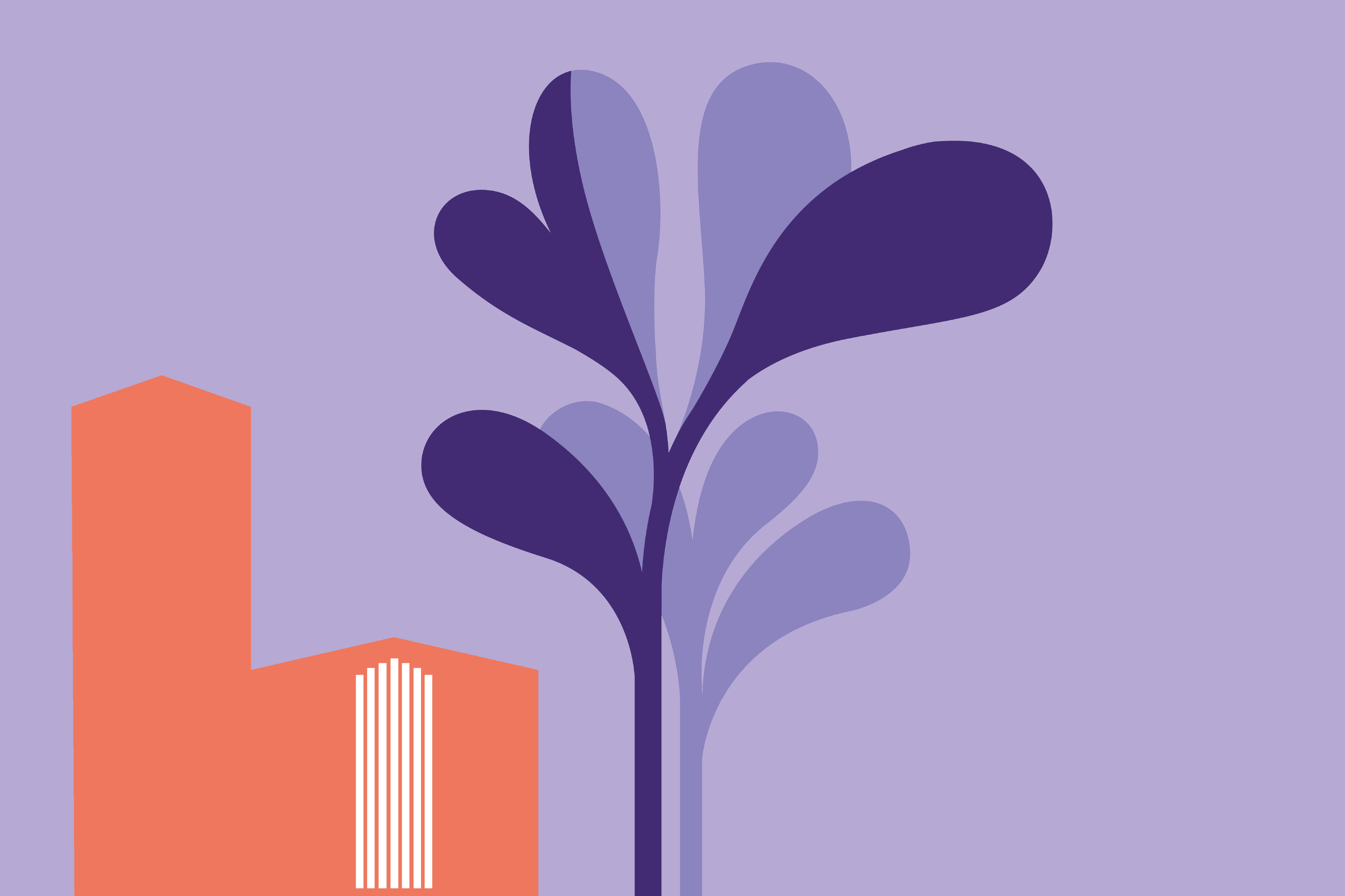 Illustration av en kyrka och en växt i orange och lila.