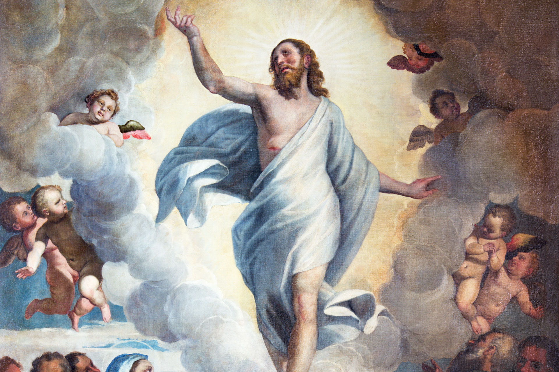 Målning av Jesus som stiger upp till himlen i ett moln, omgiven av änglar