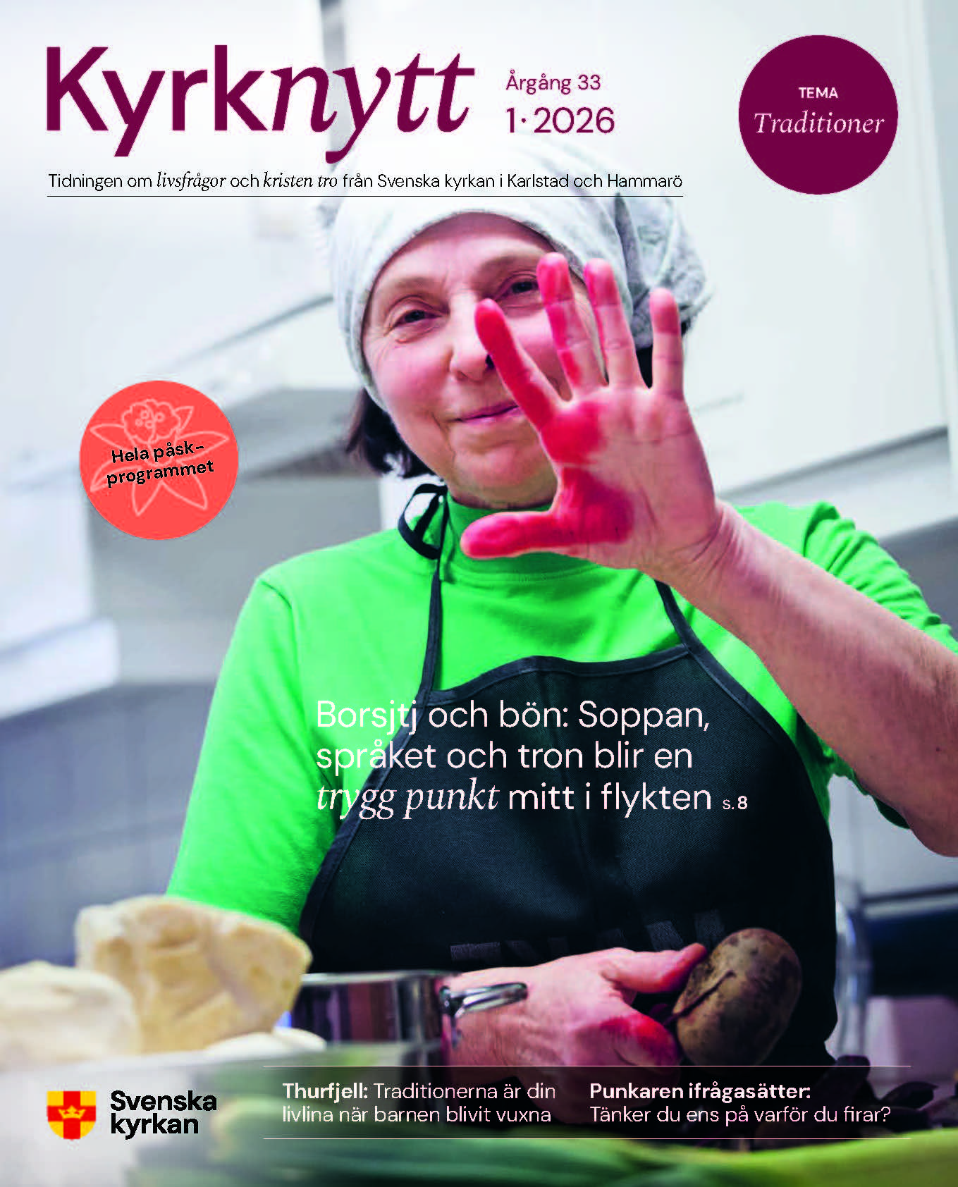 Omslag till Kyrknytt. En kvinna håller upp sin hand som är färgad av rödbeta.