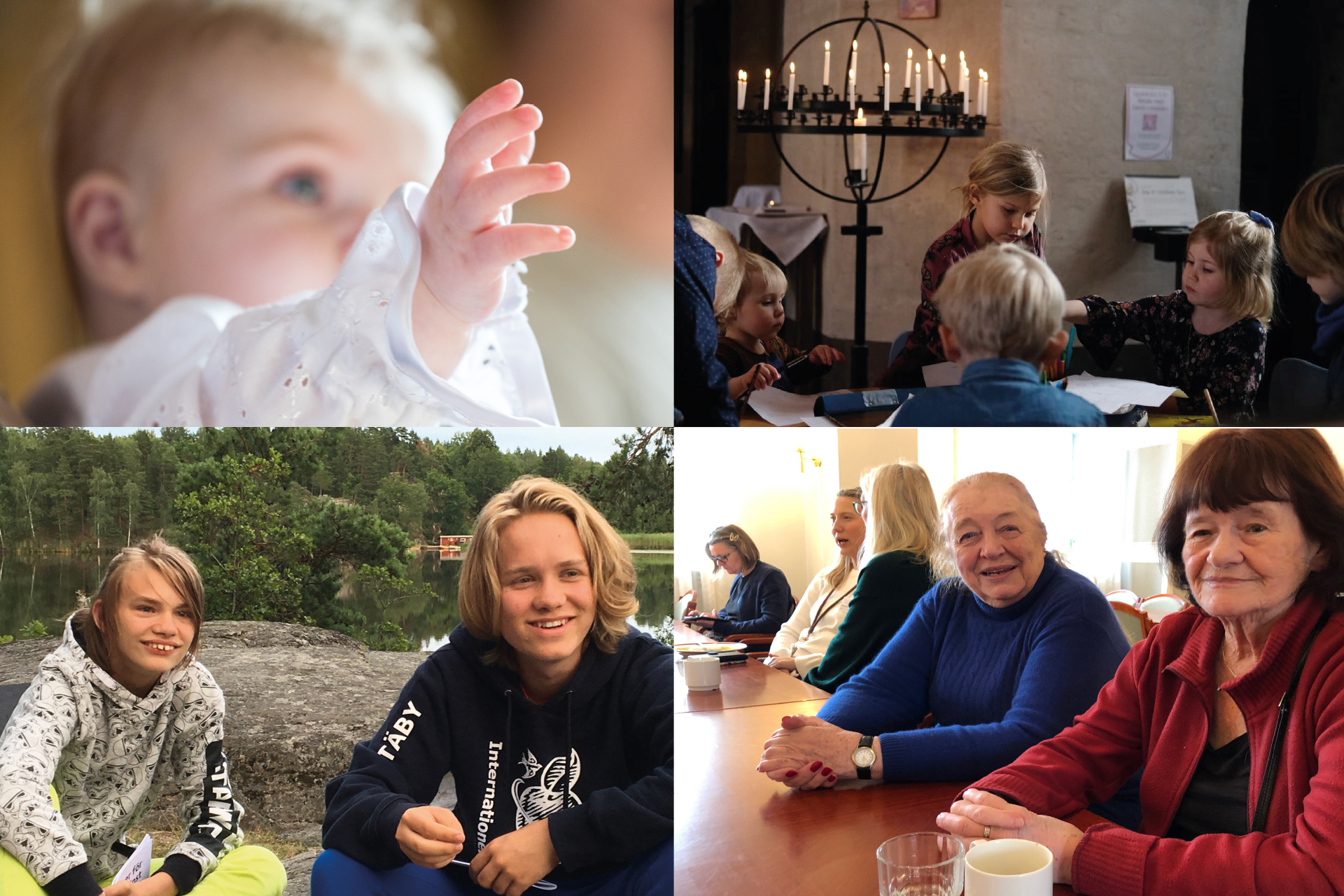 En bild i fyra delar: En med en bebis som sträcker ut en hand. En med barn som står och sitter kring ett bord. En med två ungdomar som sitter på ett berg, i närheten av vatten., troligen en sjö. En med några personer som sitter vid ett bord. 